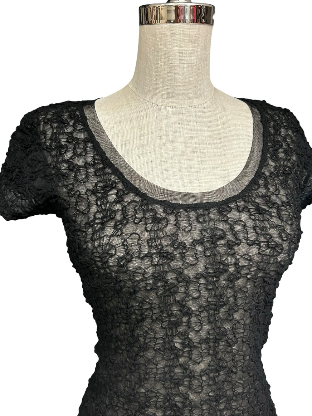 White House Black Market Black Popcorn Lace Mesh Top Small Y2K Sheer Mesh Top